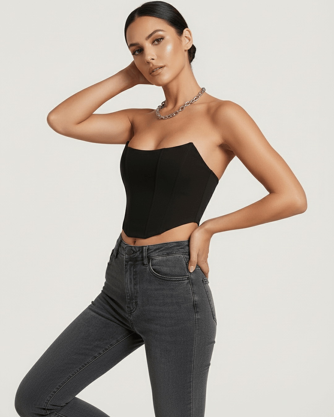 Elegante top corsé celeste para mujer, diseño estructurado moderno perfecto para noche y fiesta.