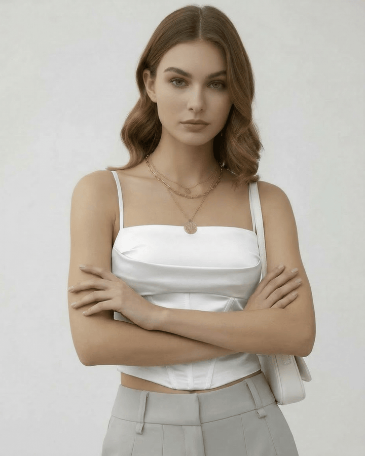 Top estructurado celeste para mujer, un corset chic para moda femenina actual.