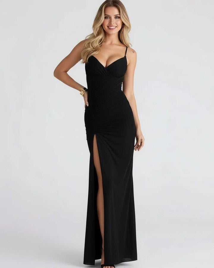 Vestido de fiesta negro para mujer, con caída fluida y un estilo sofisticado para lucir en la noche.