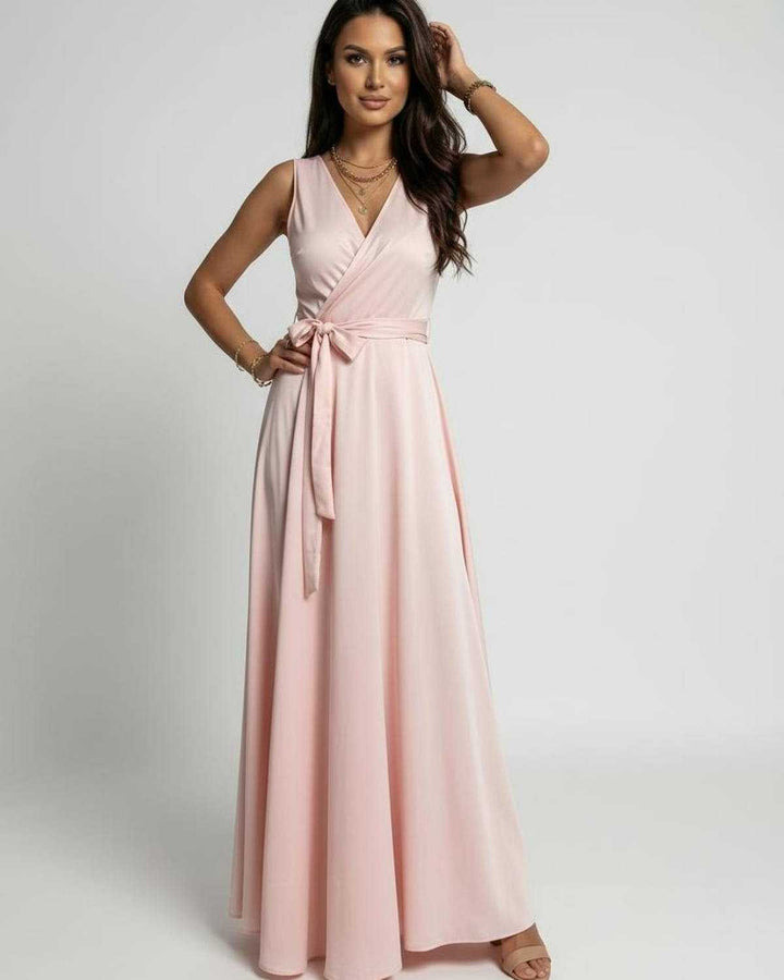 Vestido de fiesta maxi celeste para mujer, con escote en V. Estilo elegante y liso, ideal para eventos de verano o noche.