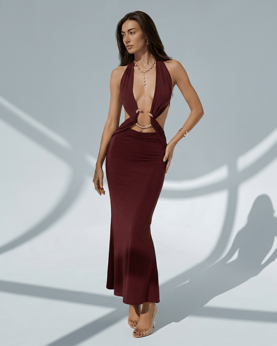 Vestido maxi celeste bodycon con escote en V para mujer, elegante y chic, ideal para fiestas.