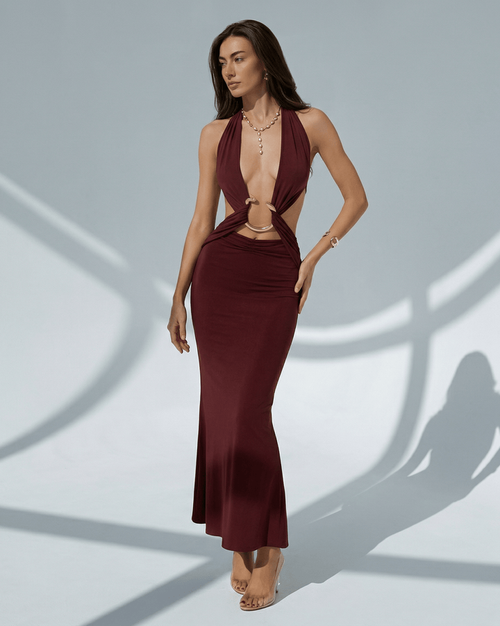 Vestido maxi celeste bodycon con escote en V para mujer, elegante y chic, ideal para fiestas.