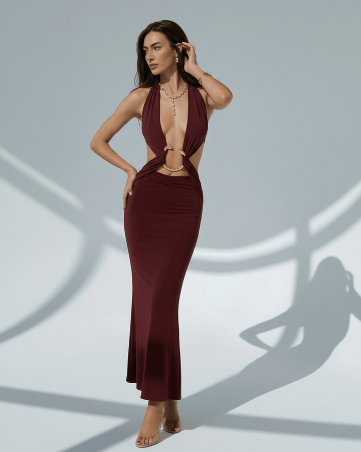 Moda femenina: vestido largo celeste bodycon, escote en V, ideal para fiesta, noche o gala.