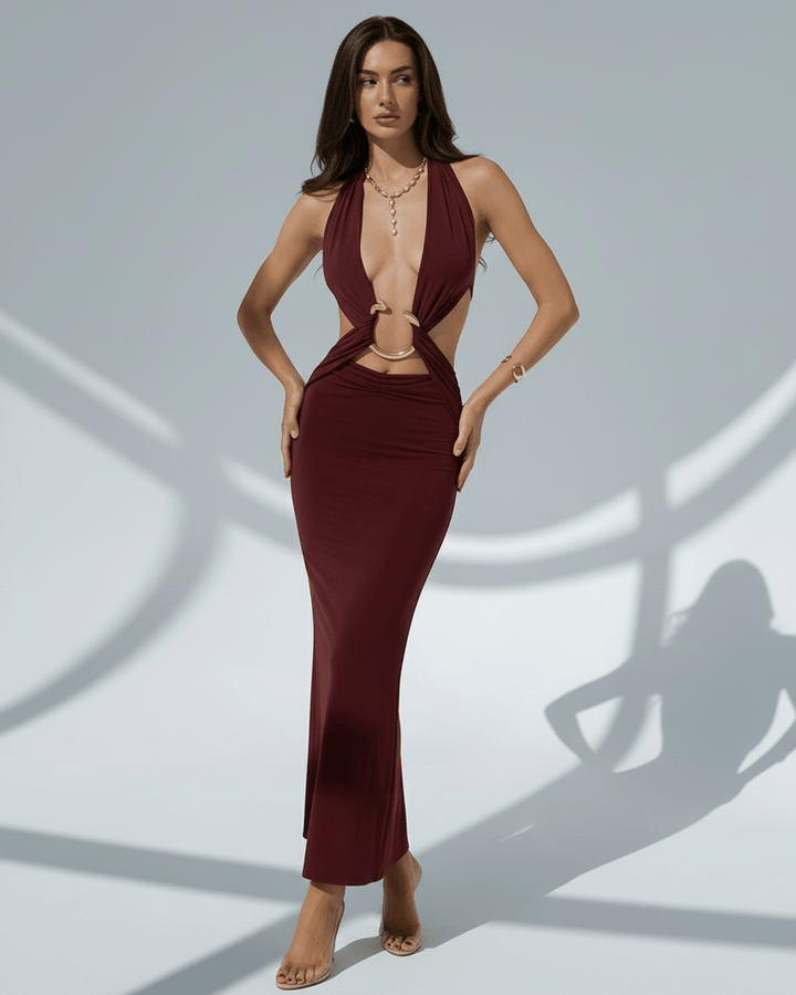 Vestido de fiesta maxi celeste para mujer, estilo bodycon, con escote en V y un look deslumbrante.