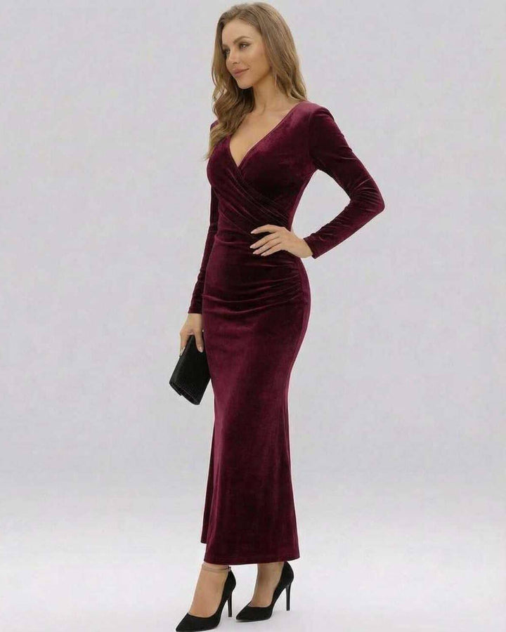 Vestido maxi de fiesta para mujer, color azul claro, diseño sofisticado con escote V y manga larga.