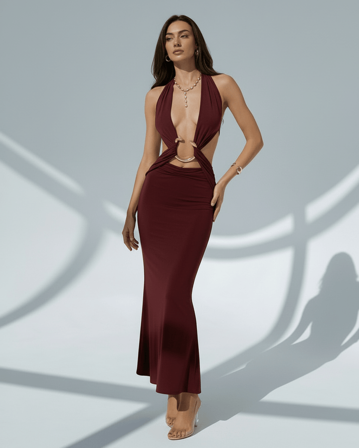 Vestido formal celeste, corte bodycon, escote en V, para mujer que busca un estilo elegante y chic.
