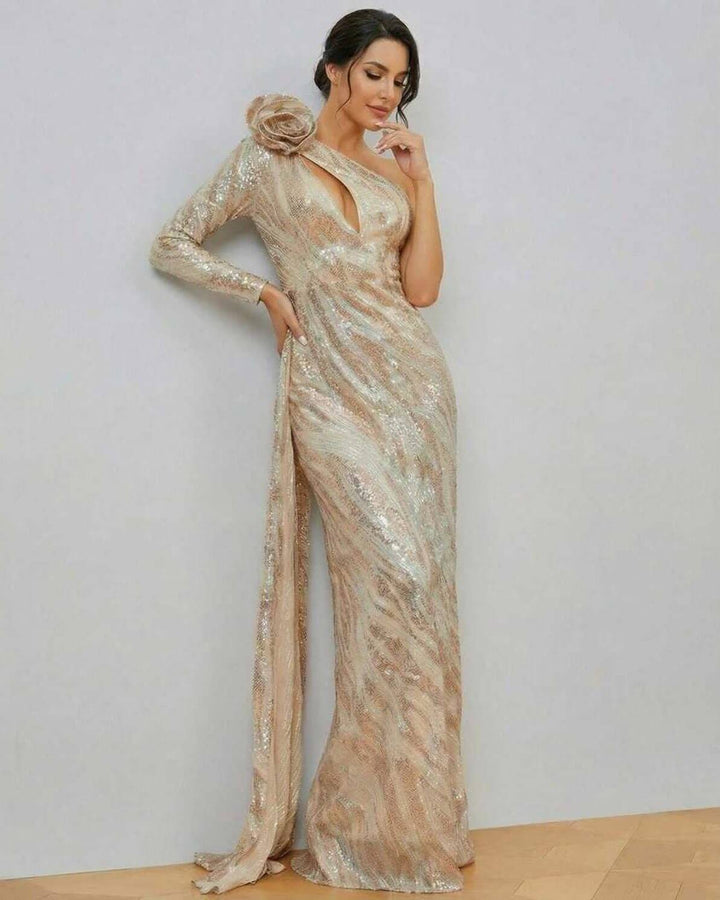 Vestido maxi de noche celeste, un hombro, elegante, ideal para fiesta o evento formal femenino.