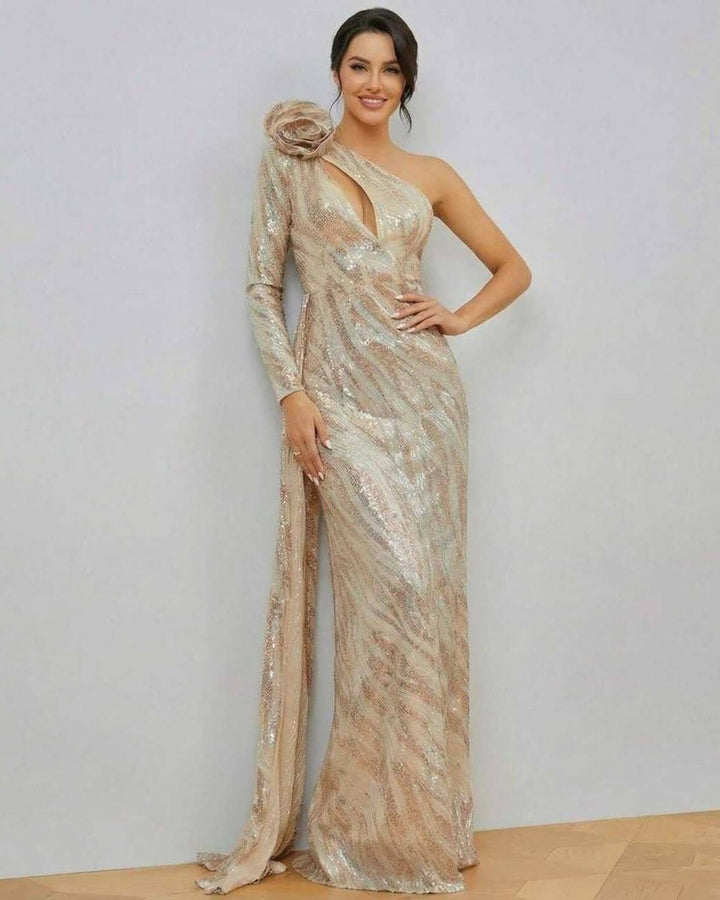 Vestido de fiesta maxi elegante celeste de un hombro para mujer, ideal para ocasión especial.