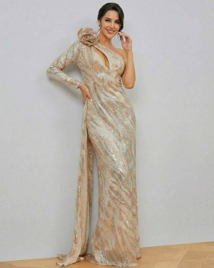 Vestido maxi formal celeste de un hombro, diseño deslumbrante para noche, estilo glamuroso femenino.