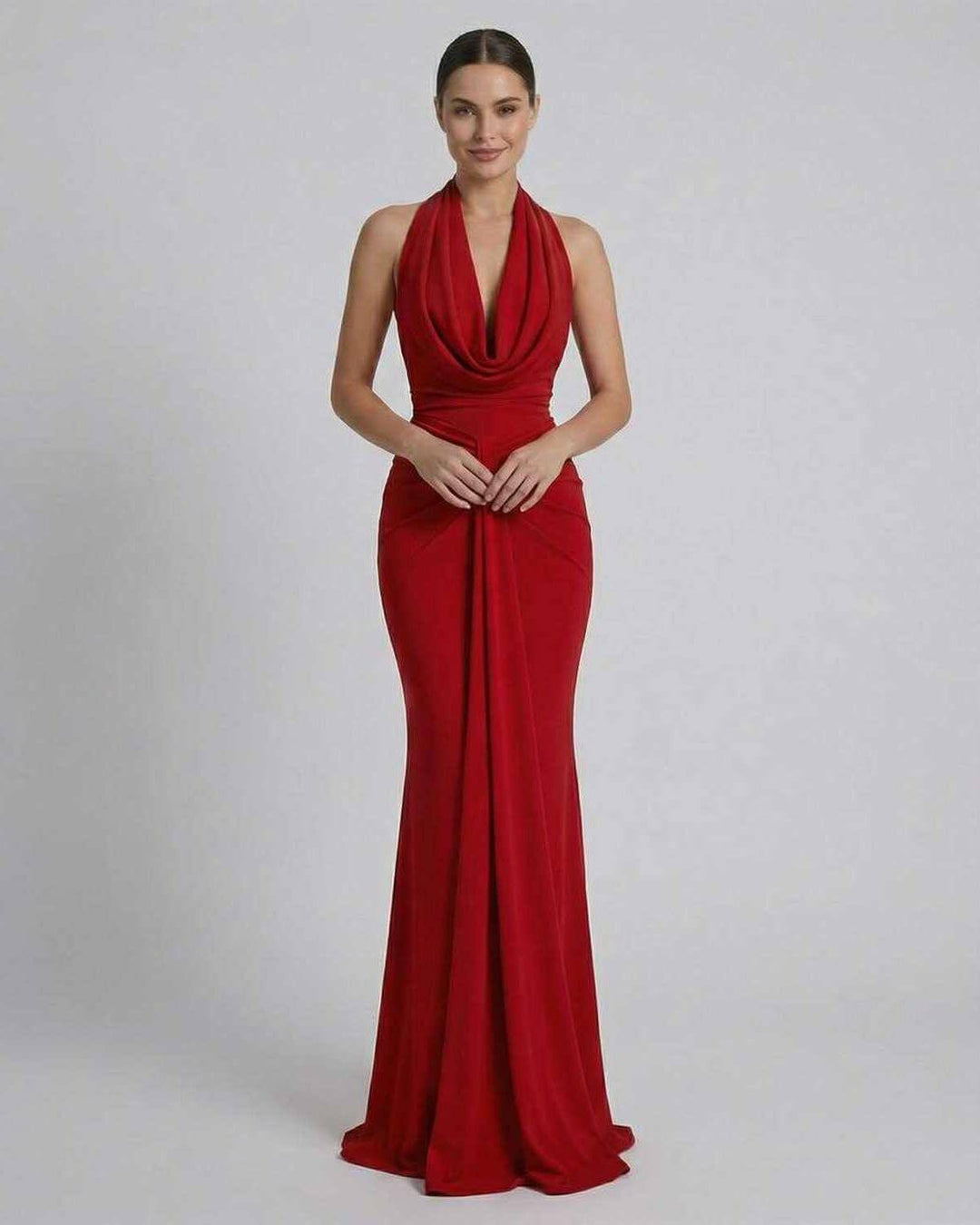 Vestido largo elegante celeste de mujer para cóctel, con diseño fluido y escote en V. Versátil para cualquier evento.