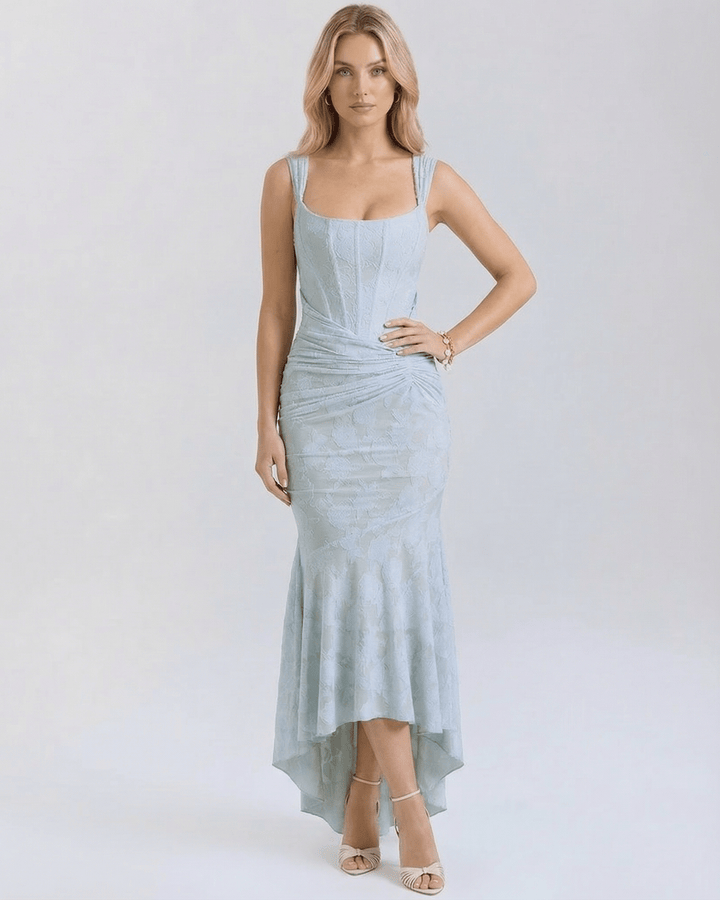 Vestido de fiesta maxi celeste para mujer con diseño jacquard. Cuello cuadrado, perfecto para eventos de verano.