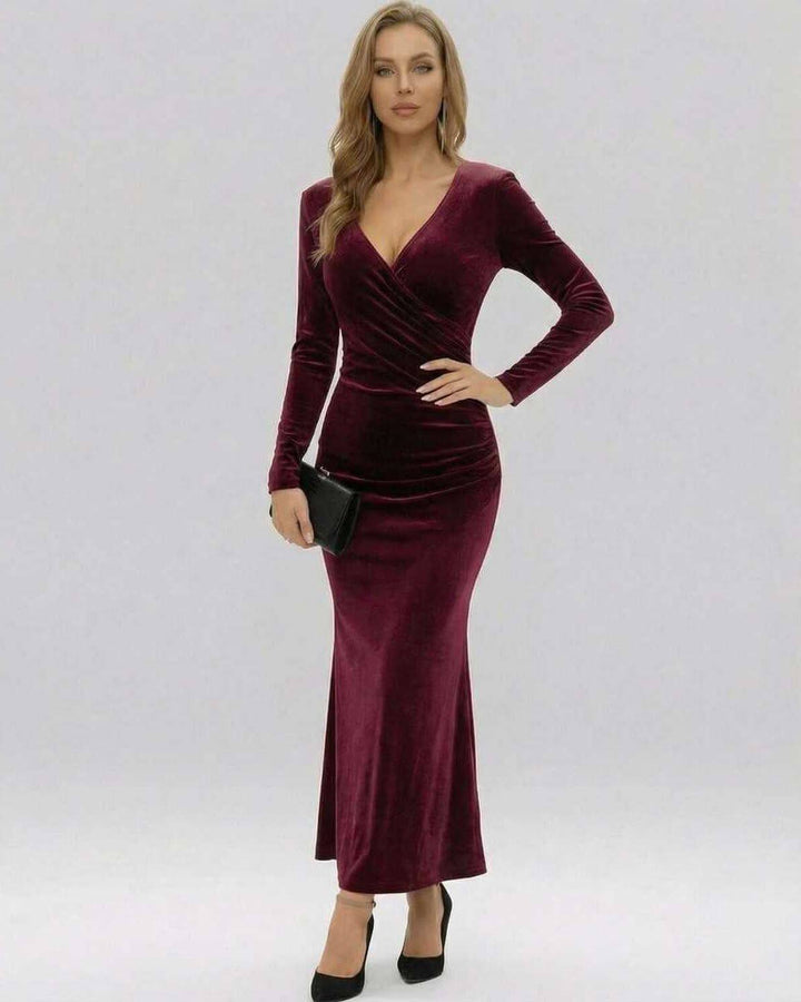 Elegante vestido maxi celeste para mujer, manga larga y escote V, ideal para bodas o eventos especiales.