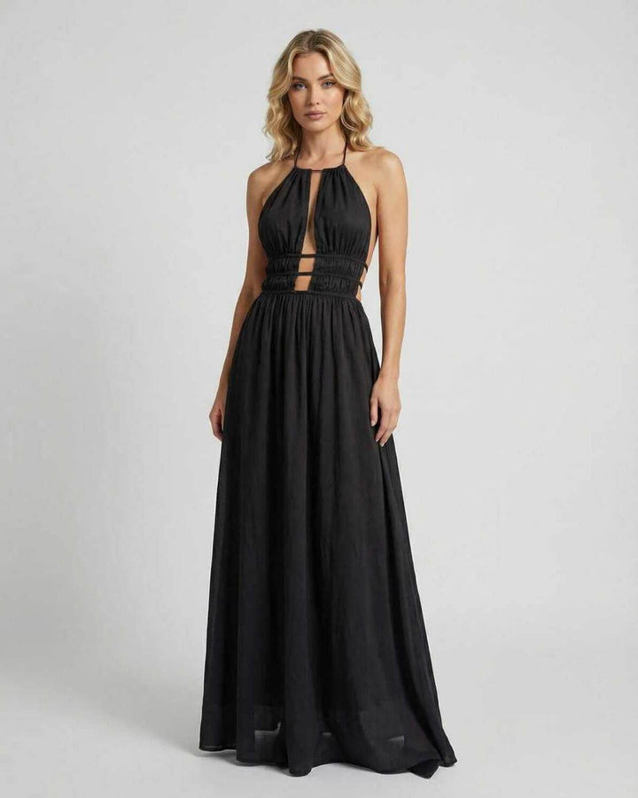 Vestido maxi blanco elegante con cuello halter para mujer, perfecto para eventos formales o de noche.