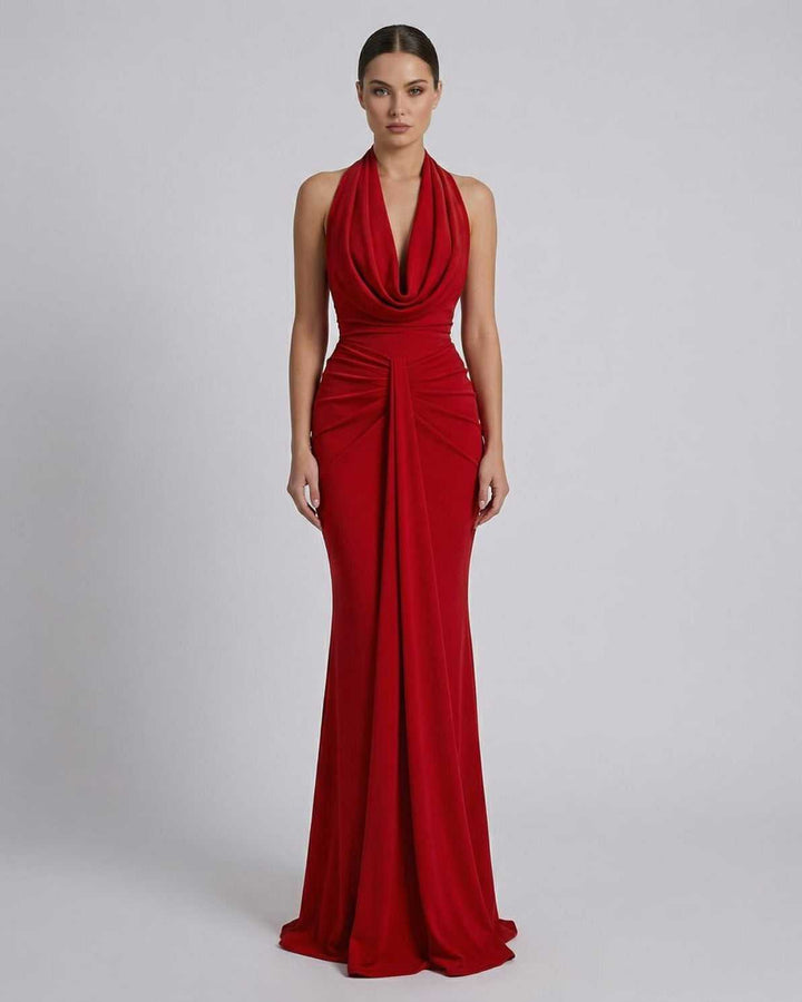 Vestido maxi celeste elegante para mujer con escote en V, ideal para fiestas y eventos formales. Silueta fluida.