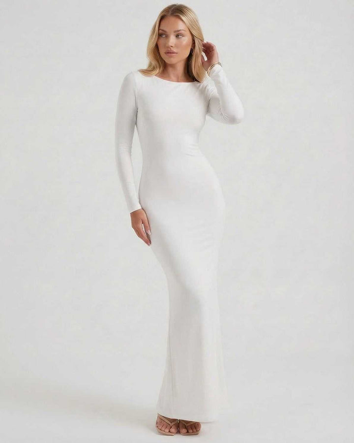 Vestido maxi blanco elegante para mujer, con sensual espalda descubierta y manga larga, ideal para ocasiones especiales.