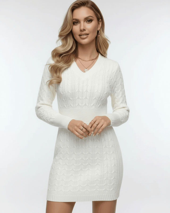 Look casual elegante: vestido mini blanco para mujer, cuello V y manga larga, ideal para el día a día.
