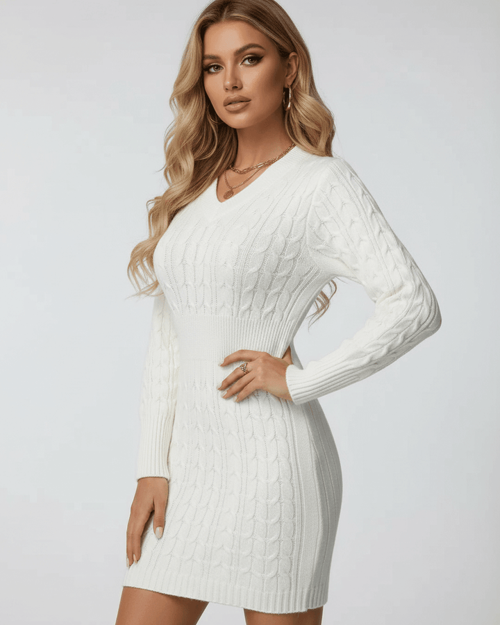 Vestido de mujer blanco mini, con manga larga y cintura elástica, un básico elegante y cómodo.