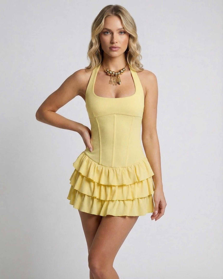 Vestido mini casual celeste para mujer con volantes, escote cuadrado y diseño ligero y cómodo.