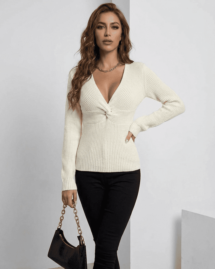 Pullover celeste ajustado mujer, cuello V. Suéter de punto versátil, ideal para completar tu fondo de armario.
