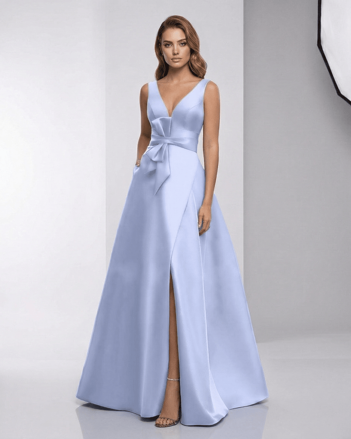 Vestido maxi de noche A-line azul claro para mujer, elegante y sofisticado. Ideal para fiestas y eventos formales.