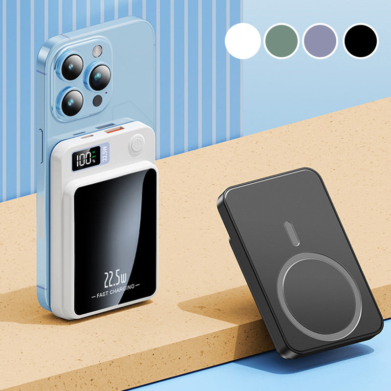 Power bank delgado con carga inalámbrica rápida, ideal para mantener tu smartphone cargado.
