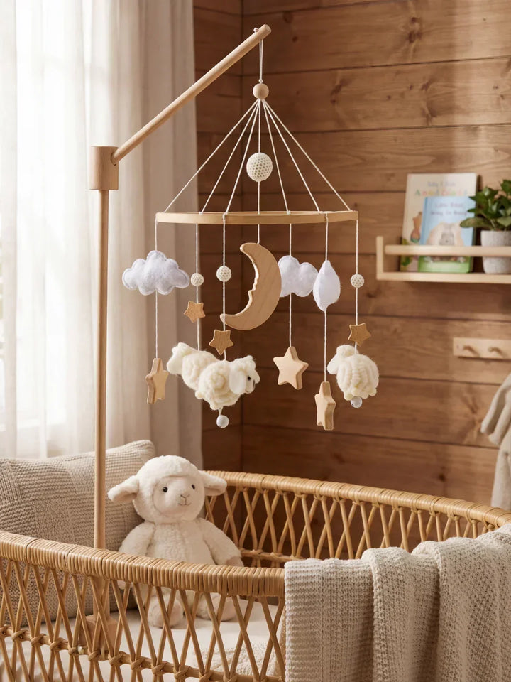Sorprende con un regalo de bebé original: móvil de cuna de madera con ovejas, calmante y decorativo.