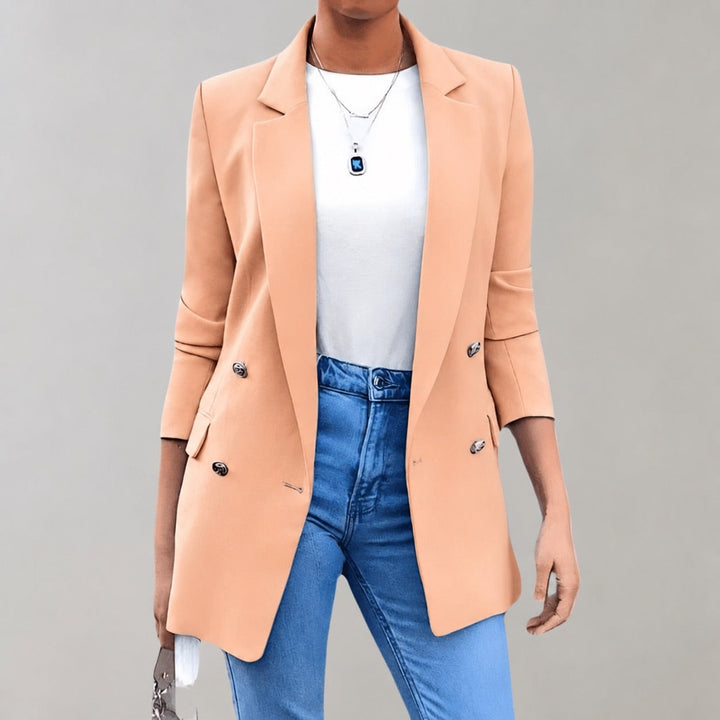 Blazer de mujer largo y sofisticado. Elegancia versátil para primavera/otoño. Prenda moderna y chic.