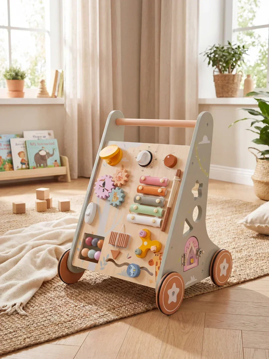 Bebé jugando con el panel de actividades del caminador de madera Safari Boho. Juguete educativo para motricidad fina.