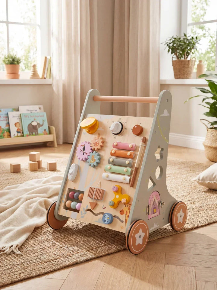 Bebé jugando con el panel de actividades del caminador de madera Safari Boho. Juguete educativo para motricidad fina.