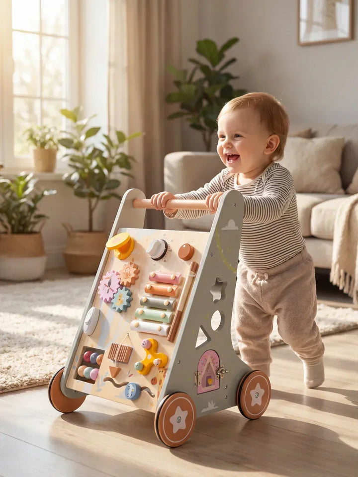 Caminador de madera Safari Boho para bebés. Andador de actividades Montessori educativo, juguete de desarrollo y equilibrio.