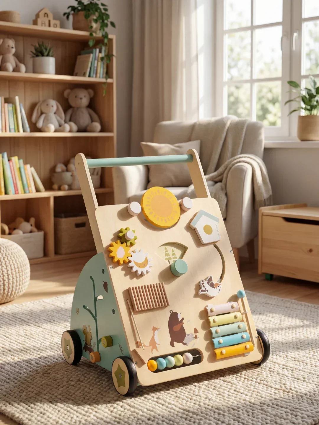 Juguete didáctico andador de madera que impulsa desarrollo infantil, motricidad y equilibrio en bebés.