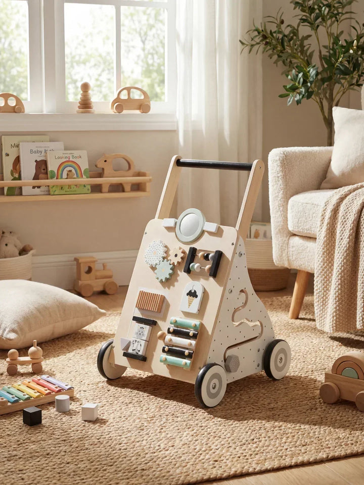 Juguete educativo: Andador de madera para bebé con actividades, estimula el desarrollo motriz.