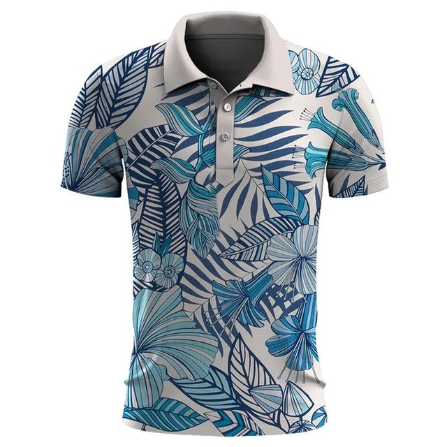 Camisa polo masculina con diseño tropical moderno, ideal para moda de verano y look casual veraniego.