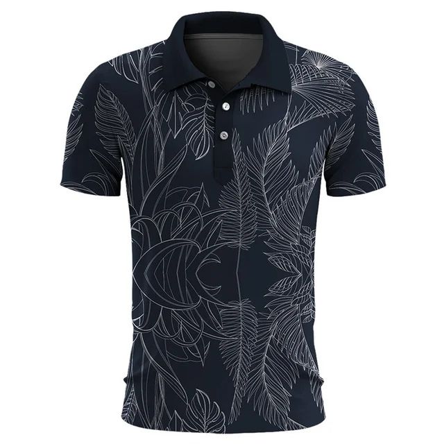 Polo masculino de verano con estampado tropical moderno, una prenda clave para tus vacaciones y ropa de día.