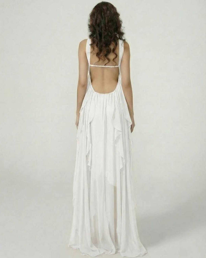 Elegante vestido largo para mujer con volantes y diseño sin mangas, perfecto para bodas, cócteles y noches.