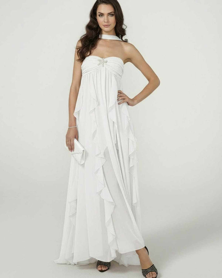 Moda de verano: Vestido maxi blanco elegante para mujer, sin mangas y volantes, perfecto para eventos diurnos y nocturnos.
