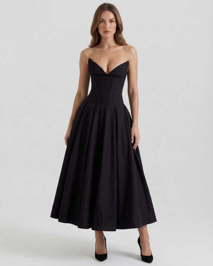 Vestido midi Cleo negro sin tirantes, corte línea A hasta el tobillo, elegante para fiesta y noche de mujer.