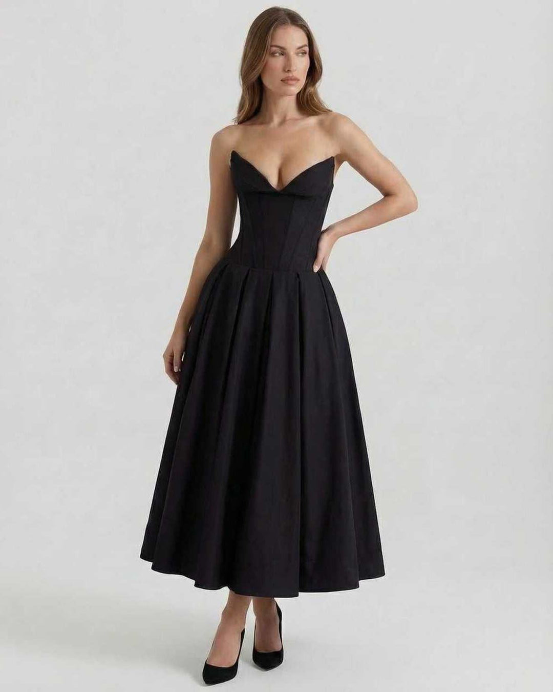 Vestido de fiesta midi Cleo sin tirantes para mujer, color negro, corte A, ideal moda femenina primavera verano.
