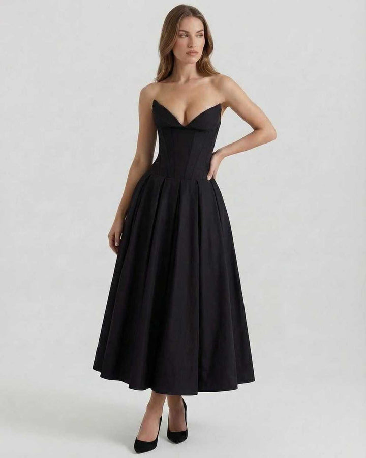 Vestido de fiesta midi Cleo sin tirantes para mujer, color negro, corte A, ideal moda femenina primavera verano.