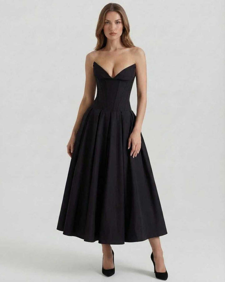 Vestido midi negro Cleo de mujer, diseño sin tirantes y falda línea A que estiliza la silueta, largo tobillo.