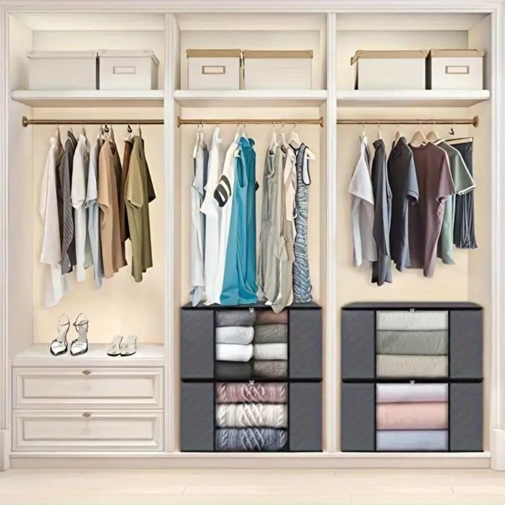 Contenedor de ropa textil plegable para armario. Solución de almacenamiento que ahorra espacio en el hogar.