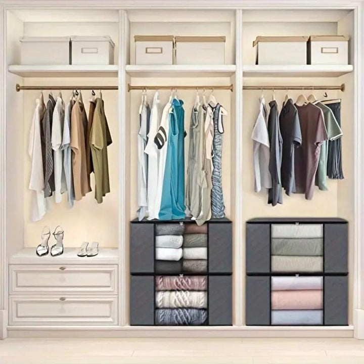 Contenedor de ropa textil plegable para armario. Solución de almacenamiento que ahorra espacio en el hogar.