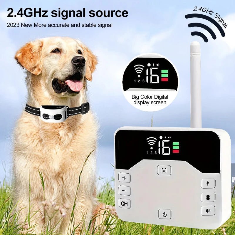 Todos los componentes del cerramiento inalámbrico y collar de adiestramiento para perros. Kit completo de seguridad.