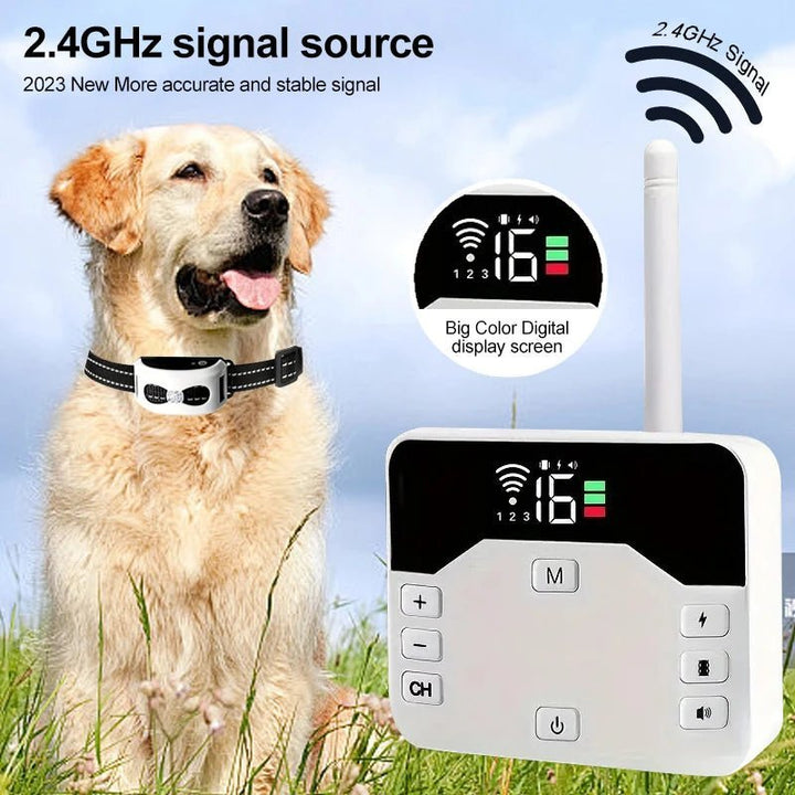Todos los componentes del cerramiento inalámbrico y collar de adiestramiento para perros. Kit completo de seguridad.