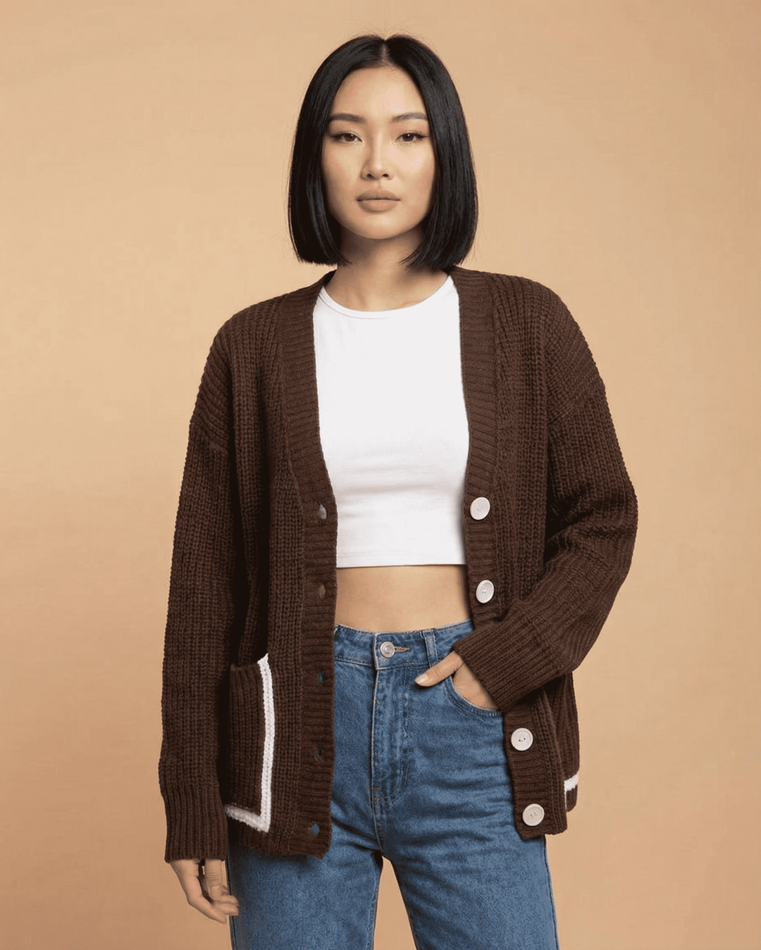 Suéter cárdigan casual para mujer. Confortable y estiloso, con diseño de bloque de color, perfecto para el día a día.