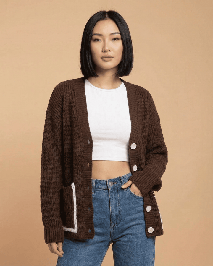 Cárdigan de mujer con diseño de bloque de color, escote en V, manga larga. Suéter de punto, ideal para moda de invierno.