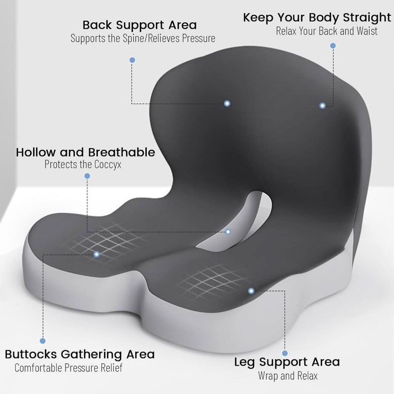 Cojín de viaje ergonómico universal. Proporciona soporte lumbar para mejorar el confort en cualquier asiento.