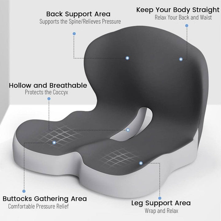Cojín de viaje ergonómico universal. Proporciona soporte lumbar para mejorar el confort en cualquier asiento.