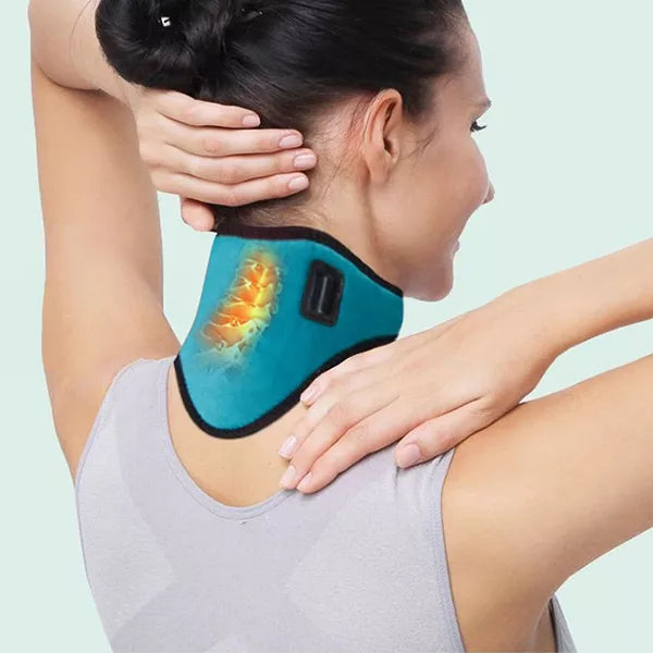 Collar cervical calentado portátil para alivio del dolor de cuello, migrañas y tensión muscular. Terapia de calor.