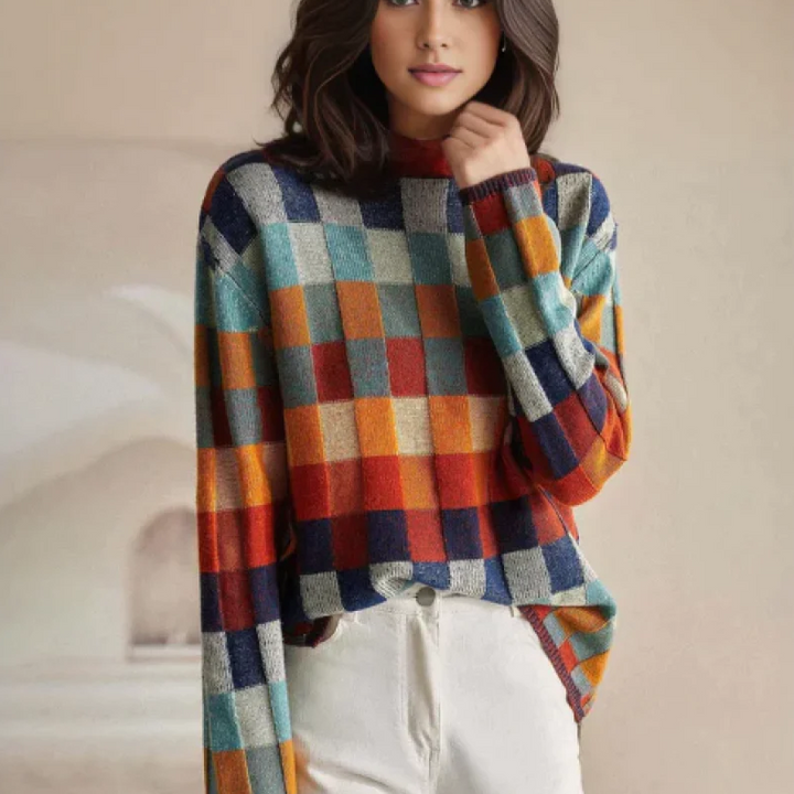 Jersey cuello alto multicolor para mujer de punto acrílico, ideal para otoño/invierno, combina calidez y moda.
